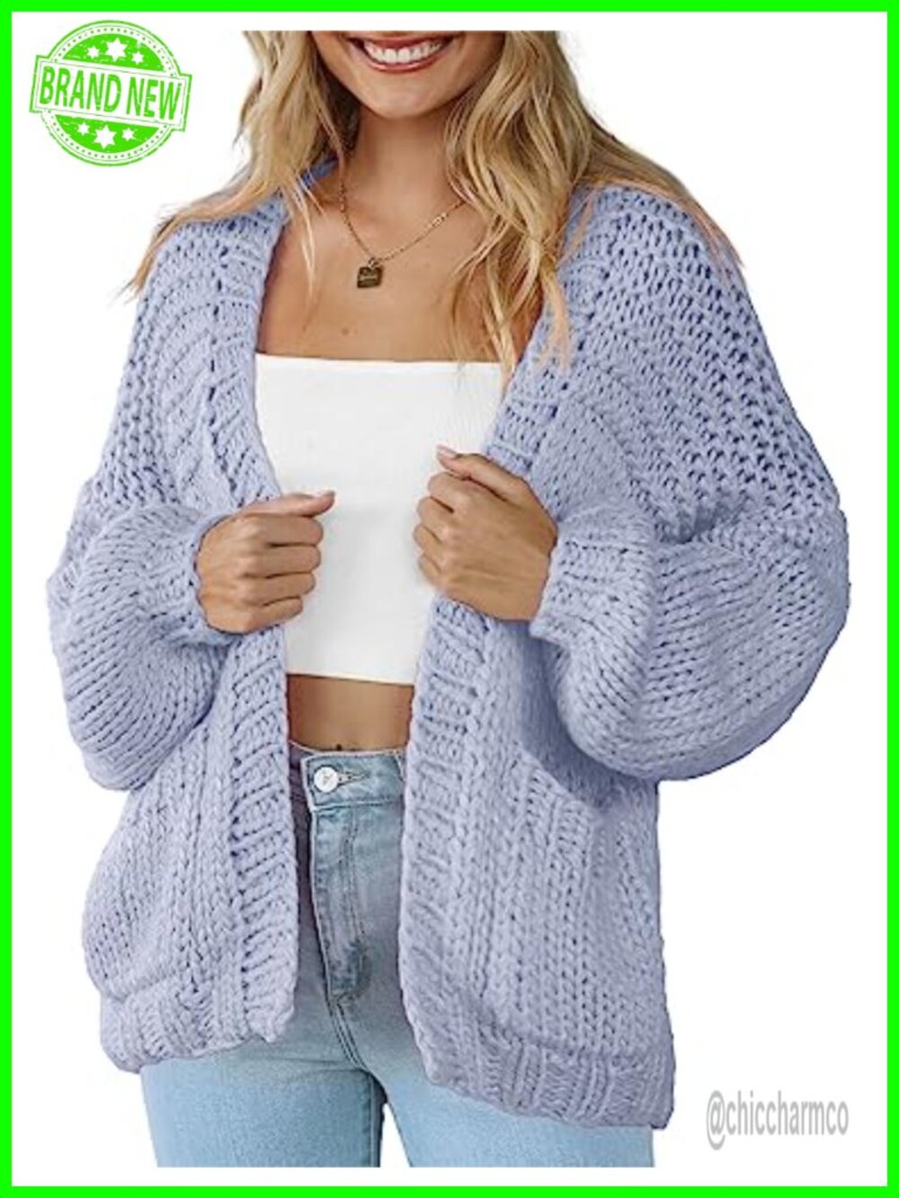 Womens Open Front Cardigan Loose Fit Cable Knit Lightweight Sweater with Pockets